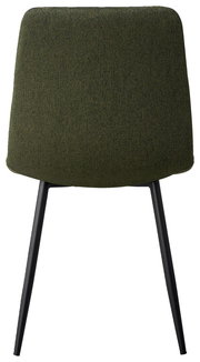 Rückansicht eines Stuhls mit olivgrünem Stoffbezug und schwarzen Metallbeinen