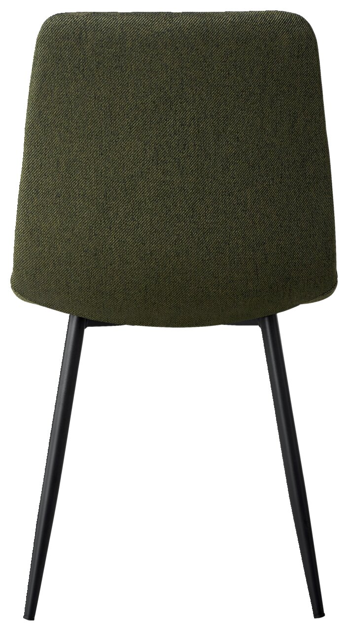 Rückansicht eines Stuhls mit olivgrünem Stoffbezug und schwarzen Metallbeinen
