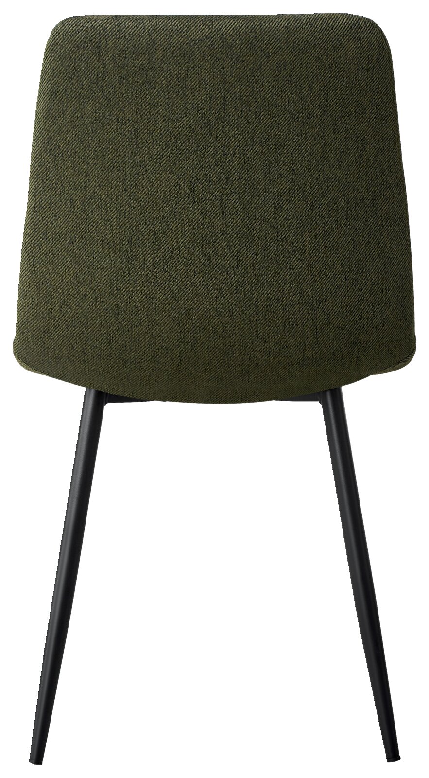 Achterkant van een stoel met olijfgroene stoffen bekleding en zwarte metalen poten