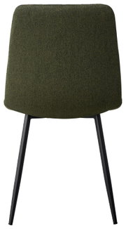 Achterkant van een stoel met olijfgroene stoffen bekleding en zwarte metalen poten