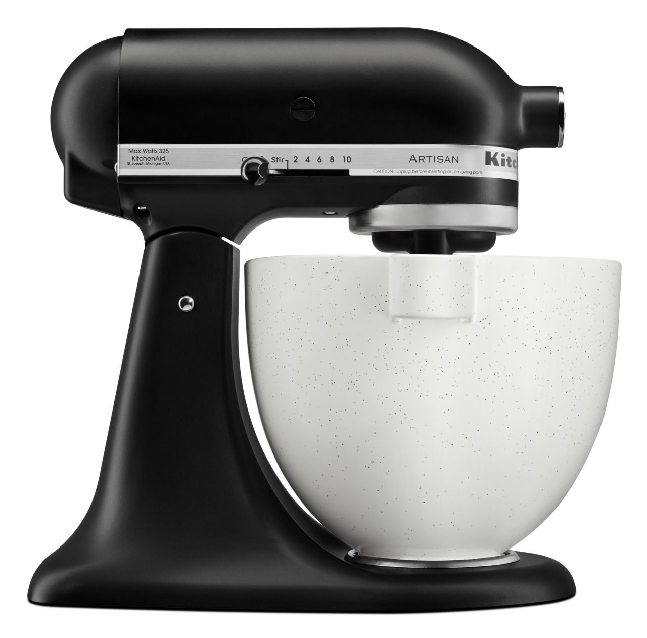 Schwarze Küchenmaschine mit weißer, gesprenkelter Keramikschüssel, seitliche Perspektive