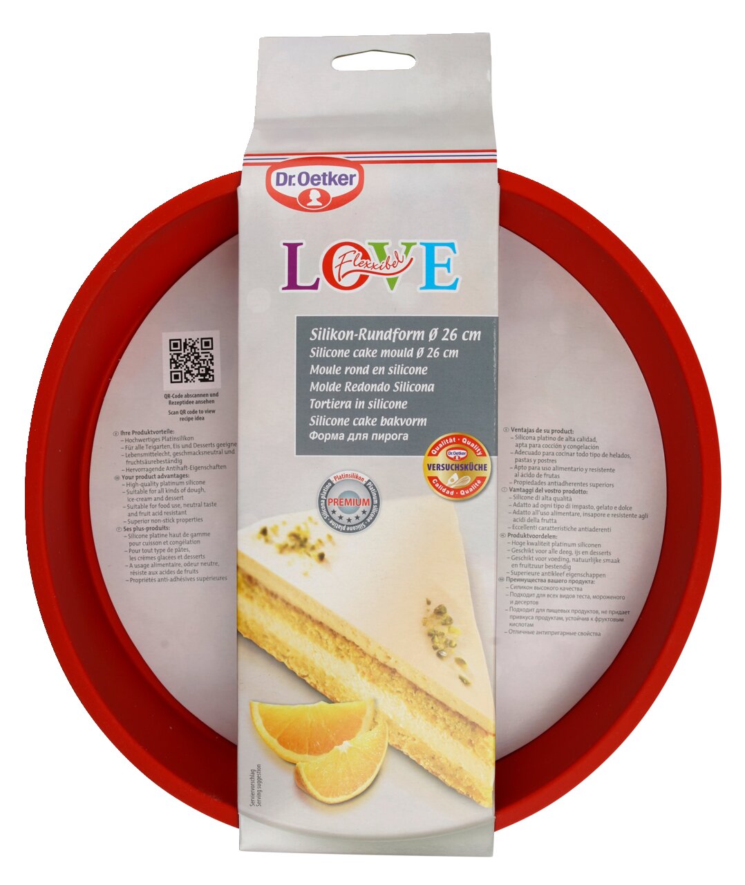 Rote Silikon-Rundform mit 26 cm Durchmesser, abgebildet in einer leicht schrägen Perspektive mit Verpackung von Dr. Oetker.
