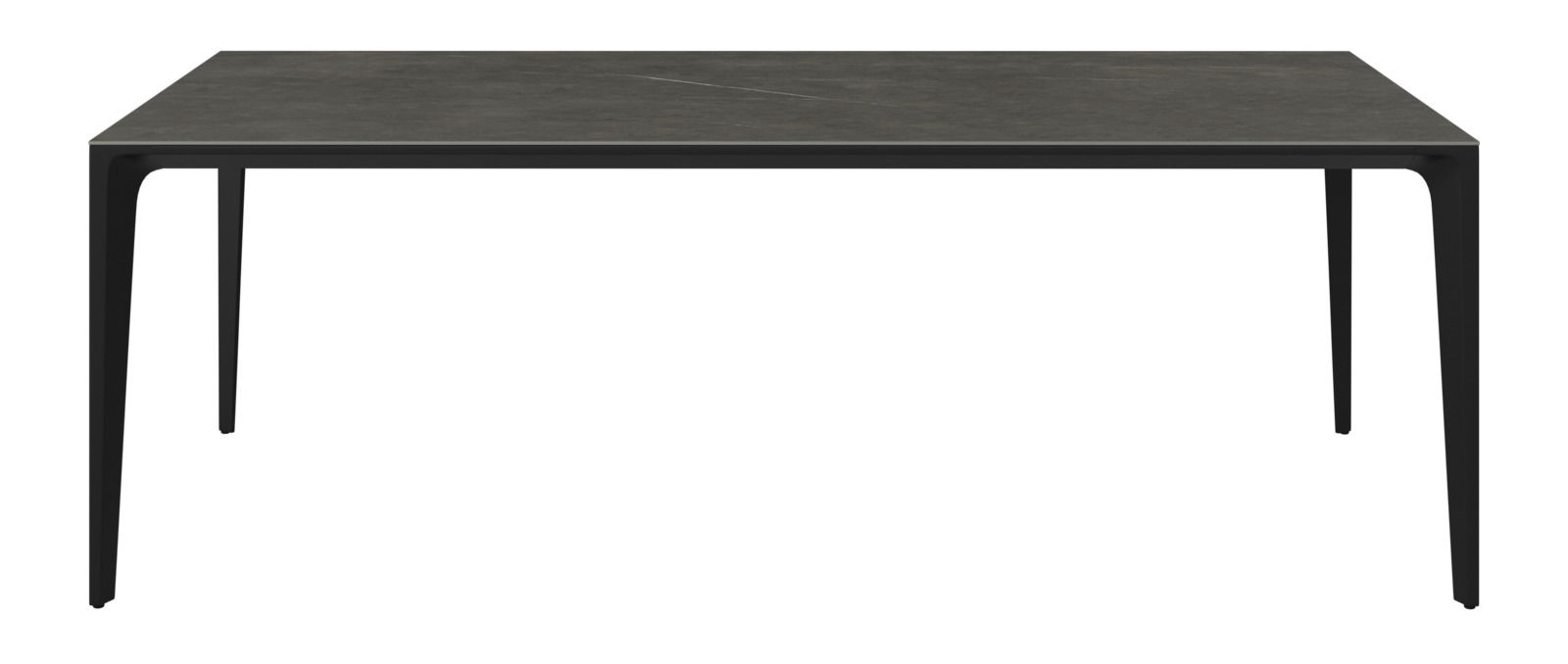 Moderner Gartentisch mit dunkler Tischplatte und schlanken Beinen, frontal betrachtet.