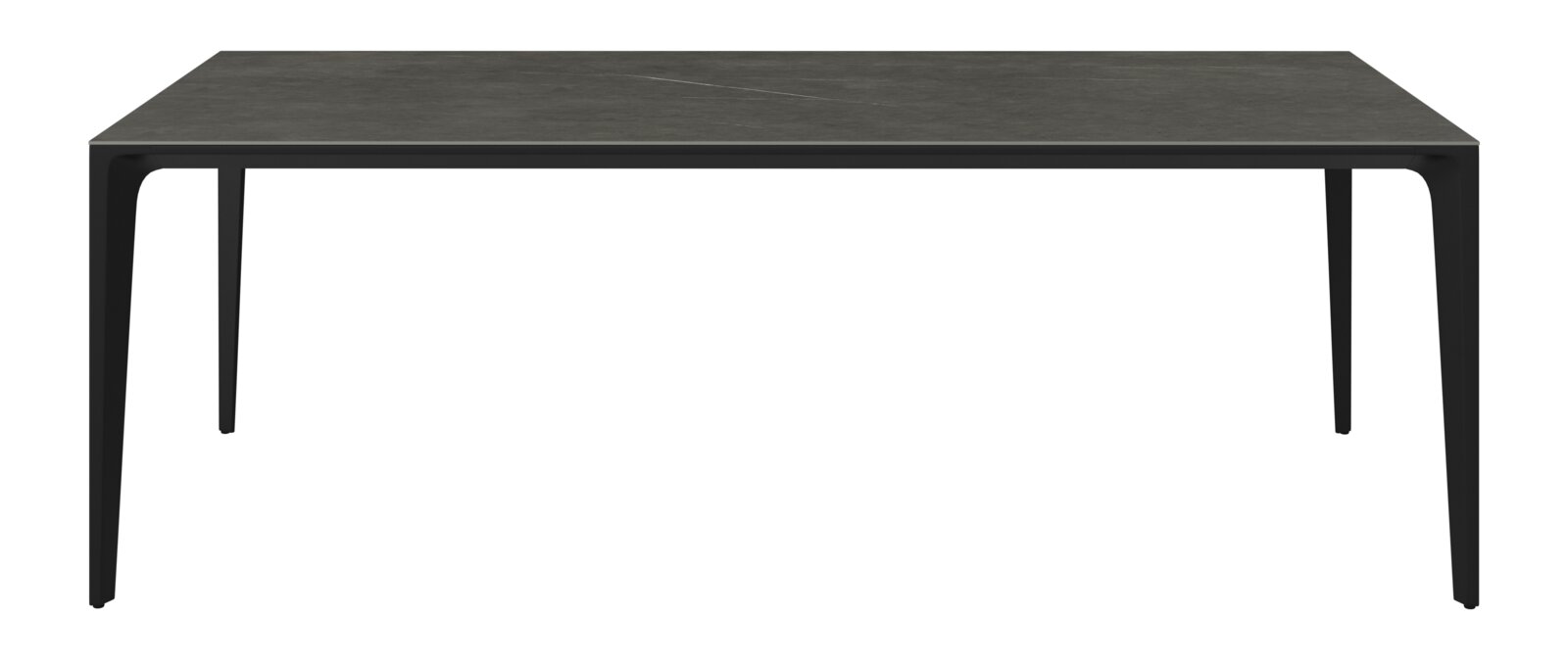Moderner Gartentisch mit dunkler Tischplatte und schlanken Beinen, frontal betrachtet.