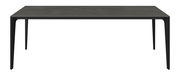 Moderner Gartentisch mit dunkler Tischplatte und schlanken Beinen, frontal betrachtet.