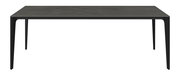 Moderner Gartentisch mit dunkler Tischplatte und schlanken Beinen, frontal betrachtet.