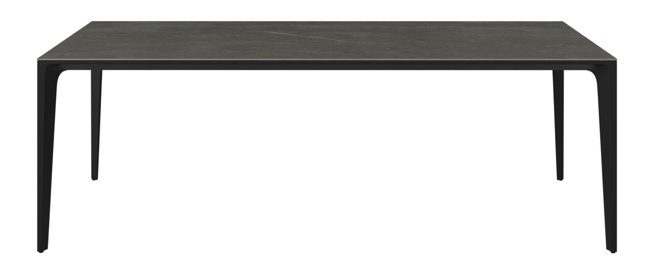 Moderner Gartentisch mit dunkler Tischplatte und schlanken Beinen, frontal betrachtet.