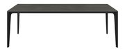 Moderner Gartentisch mit dunkler Tischplatte und schlanken Beinen, frontal betrachtet.