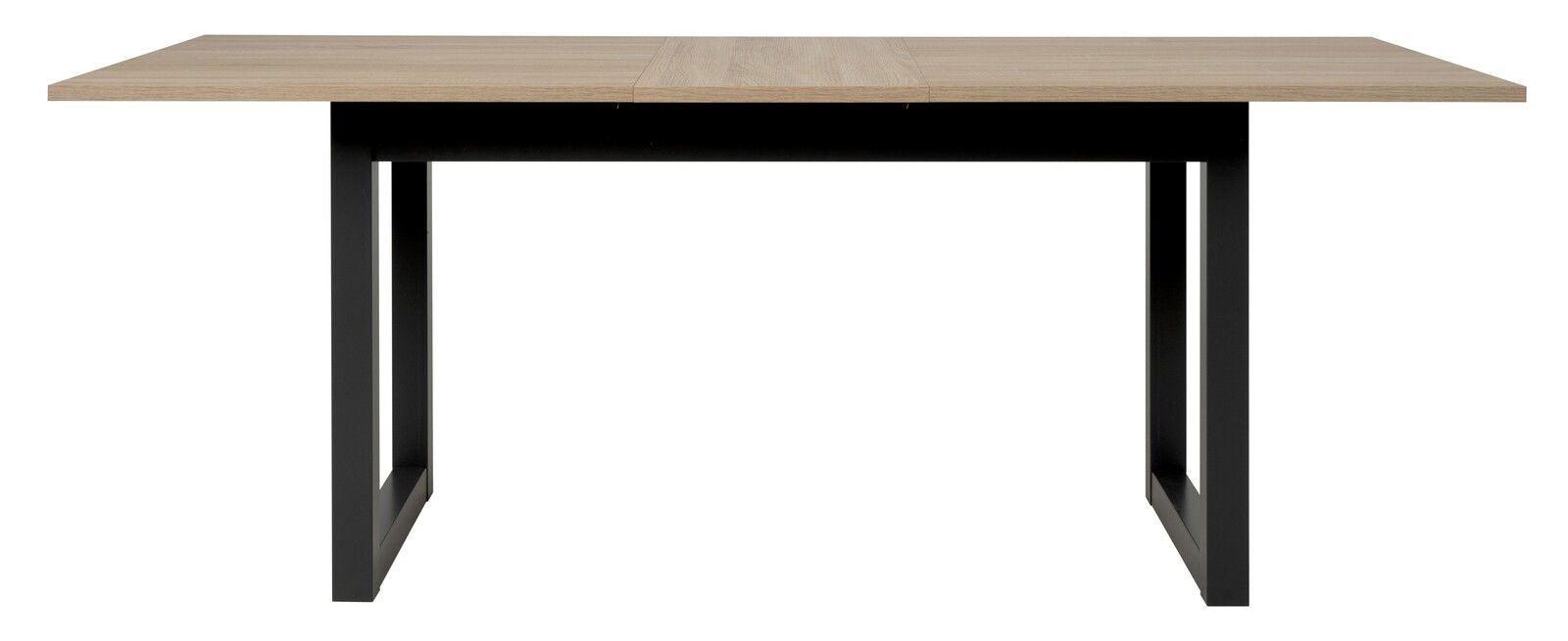 Moderner Esstisch mit Holzplatte und schwarzen Metallbeinen, Frontalansicht.