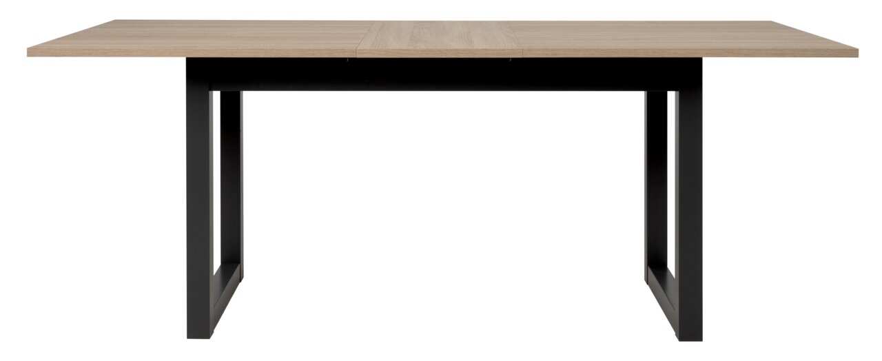 Moderne eettafel met houten blad en zwarte metalen poten, gezien van voren.