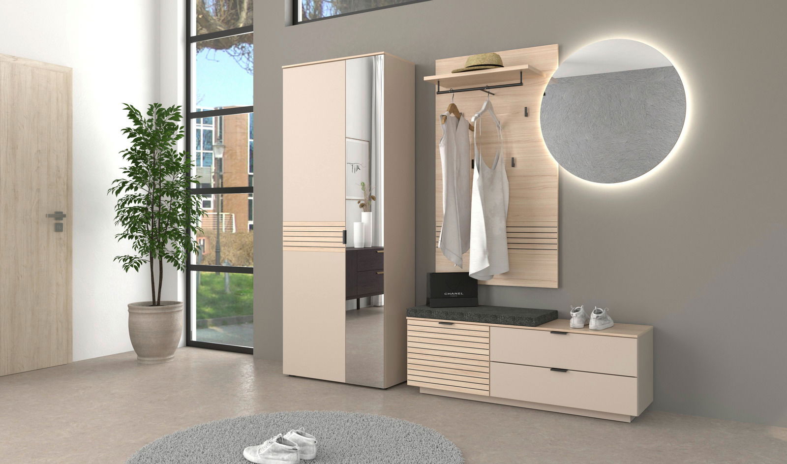 Moderne Garderobeneinrichtung mit Spiegel, Kleiderhaken und Sitzbank in einer hellen, minimalistischen Umgebung, seitliche Perspektive.