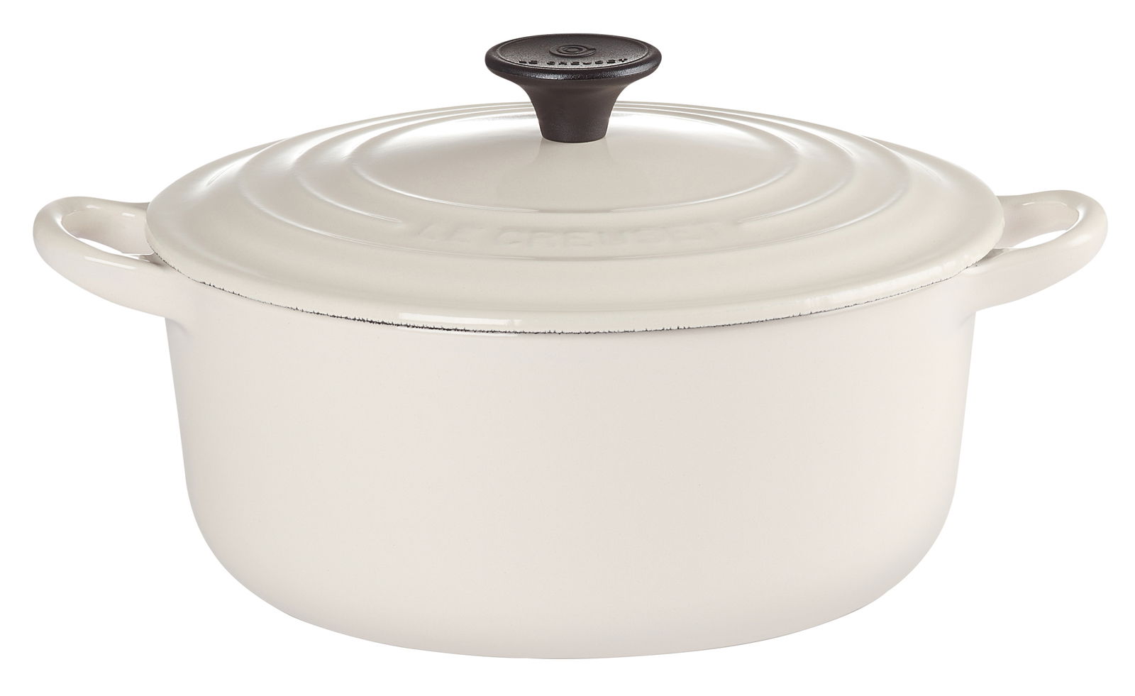 Cremefarbener Bräter mit Deckel und zwei Griffen, seitliche Perspektive