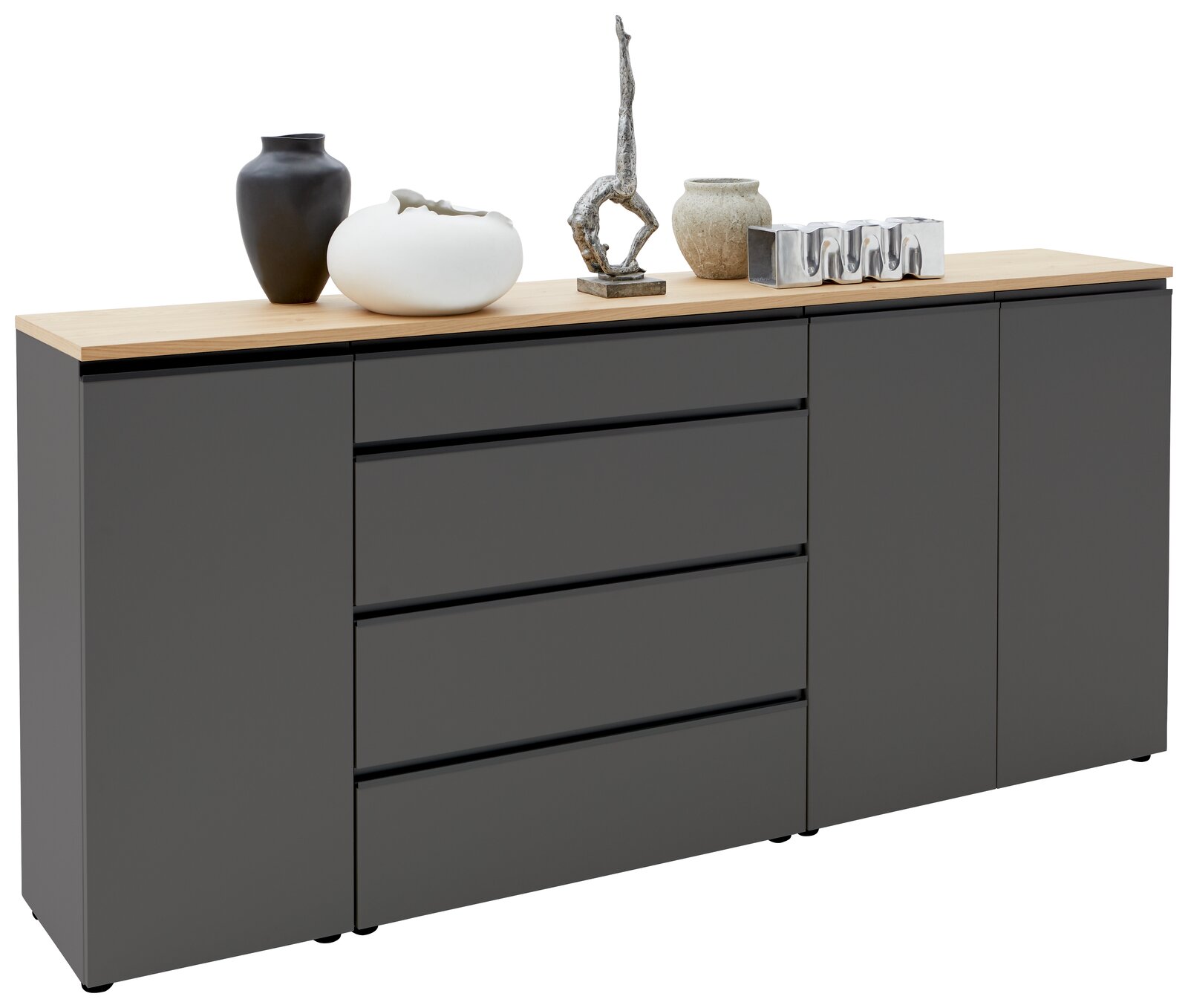 Dieter Knoll XL-Sideboard LENDINA Graues XL-Sideboard mit Holzplatte, dekoriert mit Vasen und Skulpturen, seitliche Perspektive