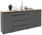 Graues XL-Sideboard mit Holzplatte, dekoriert mit Vasen und Skulpturen, seitliche Perspektive