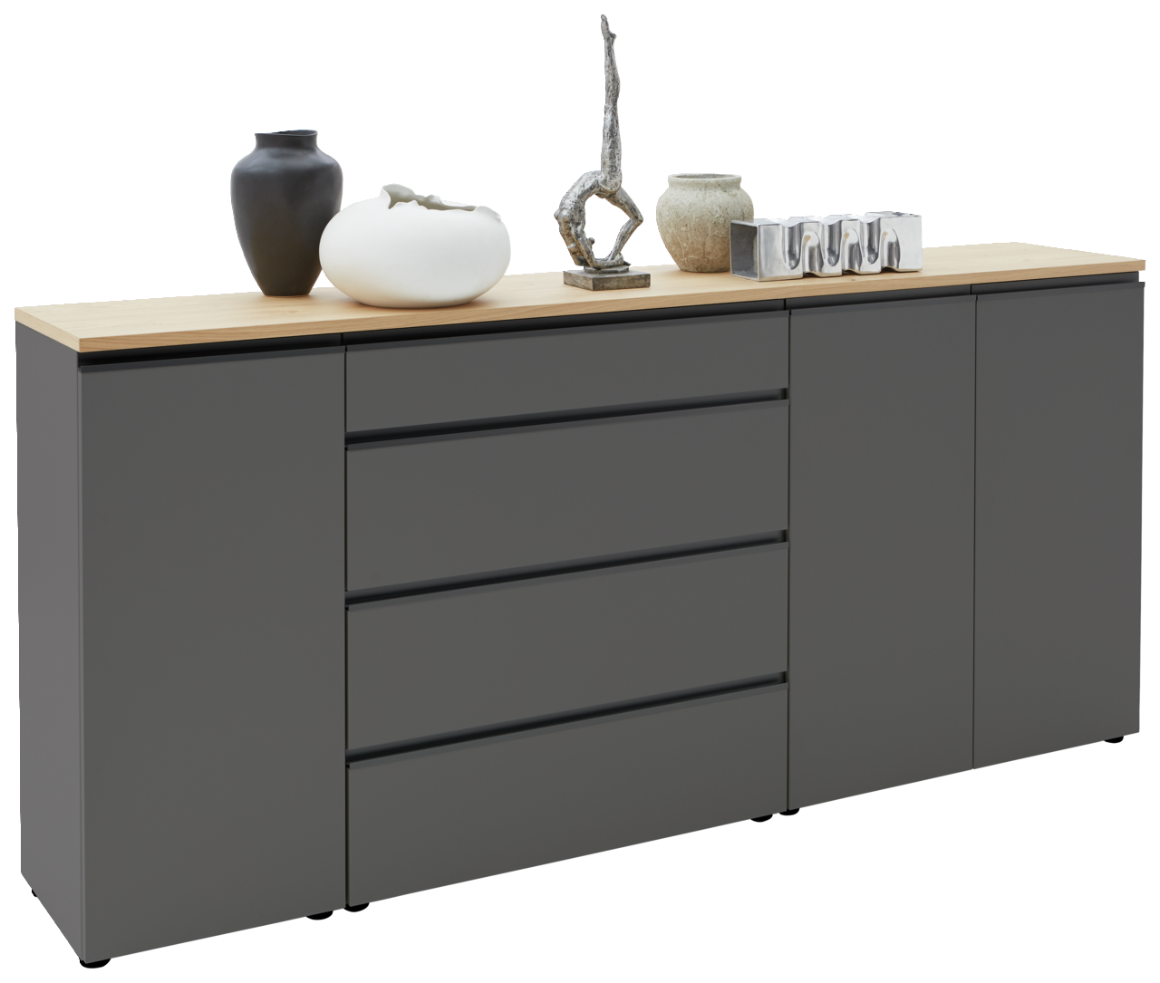 Graues XL-Sideboard mit Holzplatte, dekoriert mit Vasen und Skulpturen, seitliche Perspektive