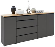 Graues XL-Sideboard mit Holzplatte, dekoriert mit Vasen und Skulpturen, seitliche Perspektive