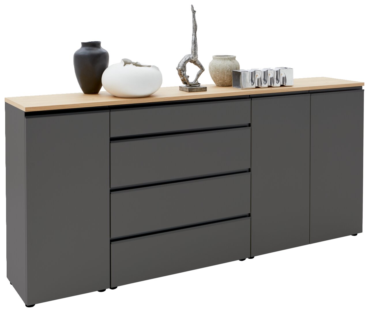 Graues XL-Sideboard mit Holzplatte, dekoriert mit Vasen und Skulpturen, seitliche Perspektive