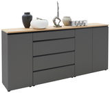 Graues XL-Sideboard mit Holzplatte, dekoriert mit Vasen und Skulpturen, seitliche Perspektive