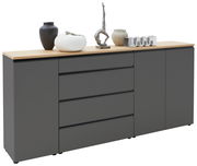 Graues XL-Sideboard mit Holzplatte, dekoriert mit Vasen und Skulpturen, seitliche Perspektive