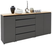 Grijs XL-dressoir met houten blad, versierd met vazen en beeldjes, zijaanzicht