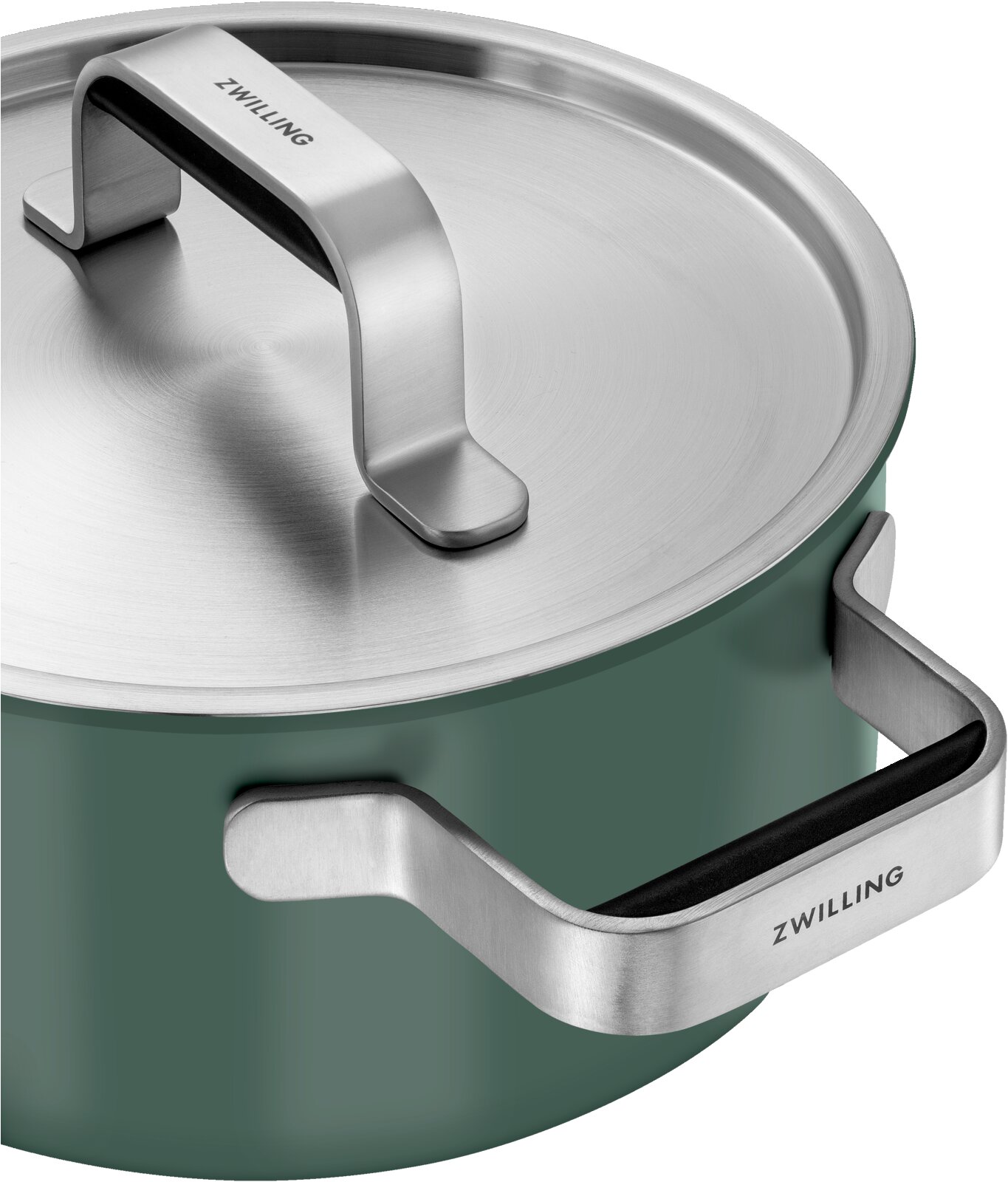 Nahaufnahme eines grünen Kochtopfs mit Edelstahlgriffen und Deckel, seitliche Perspektive