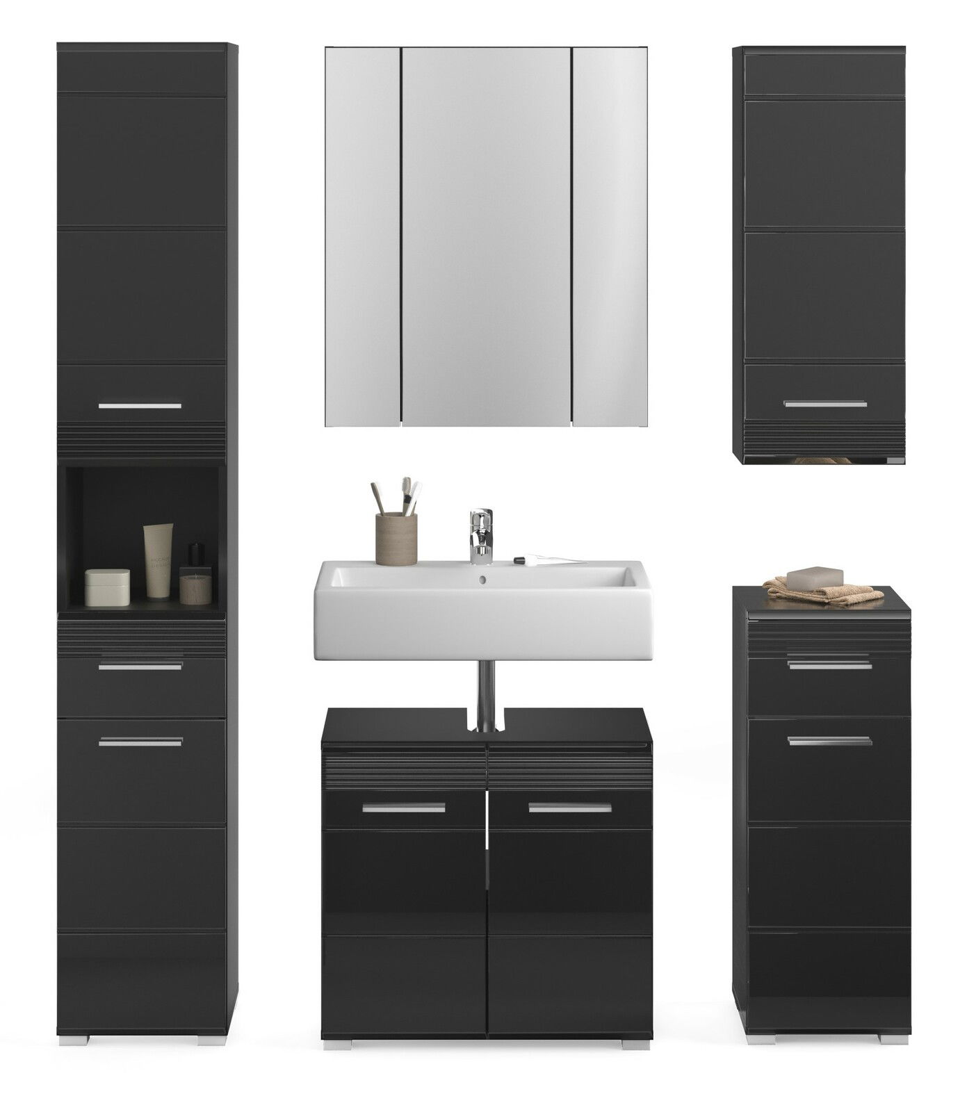 Moderne Badkombination LINUS in schwarzem Hochglanz mit Spiegelschrank, Waschbecken und mehreren Stauraummöglichkeiten, frontal abgebildet.