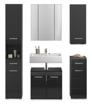 Moderne Badkombination LINUS in schwarzem Hochglanz mit Spiegelschrank, Waschbecken und mehreren Stauraummöglichkeiten, frontal abgebildet.