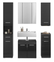 Moderne Badkombination LINUS in schwarzem Hochglanz mit Spiegelschrank, Waschbecken und mehreren Stauraummöglichkeiten, frontal abgebildet.