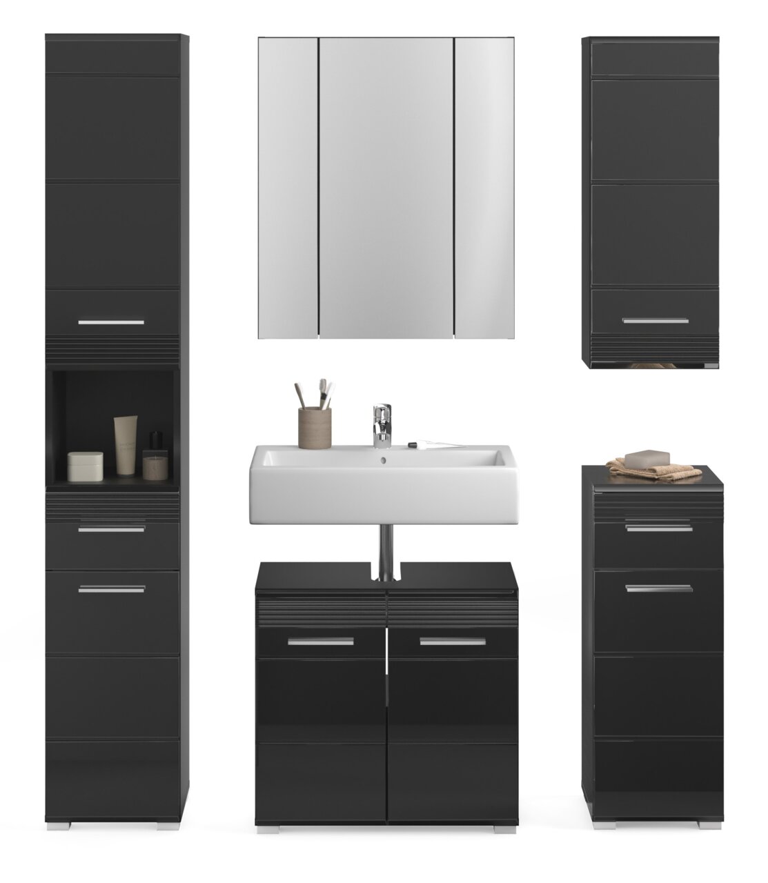 Moderne Badkombination LINUS in schwarzem Hochglanz mit Spiegelschrank, Waschbecken und mehreren Stauraummöglichkeiten, frontal abgebildet.