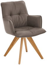 Design-Schalensessel mit grauem Polster und Holzbeinen, seitliche Perspektive