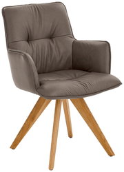 Design-Schalensessel mit grauem Polster und Holzbeinen, seitliche Perspektive