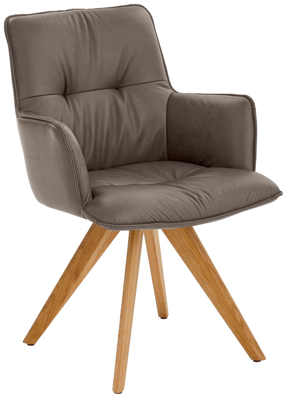 Design-Schalensessel mit grauem Polster und Holzbeinen, seitliche Perspektive