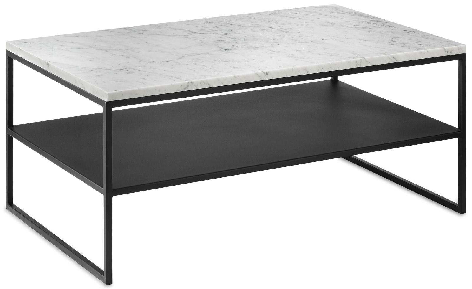 Moderner Couchtisch mit Marmorplatte und schwarzem Metallgestell, seitliche Perspektive