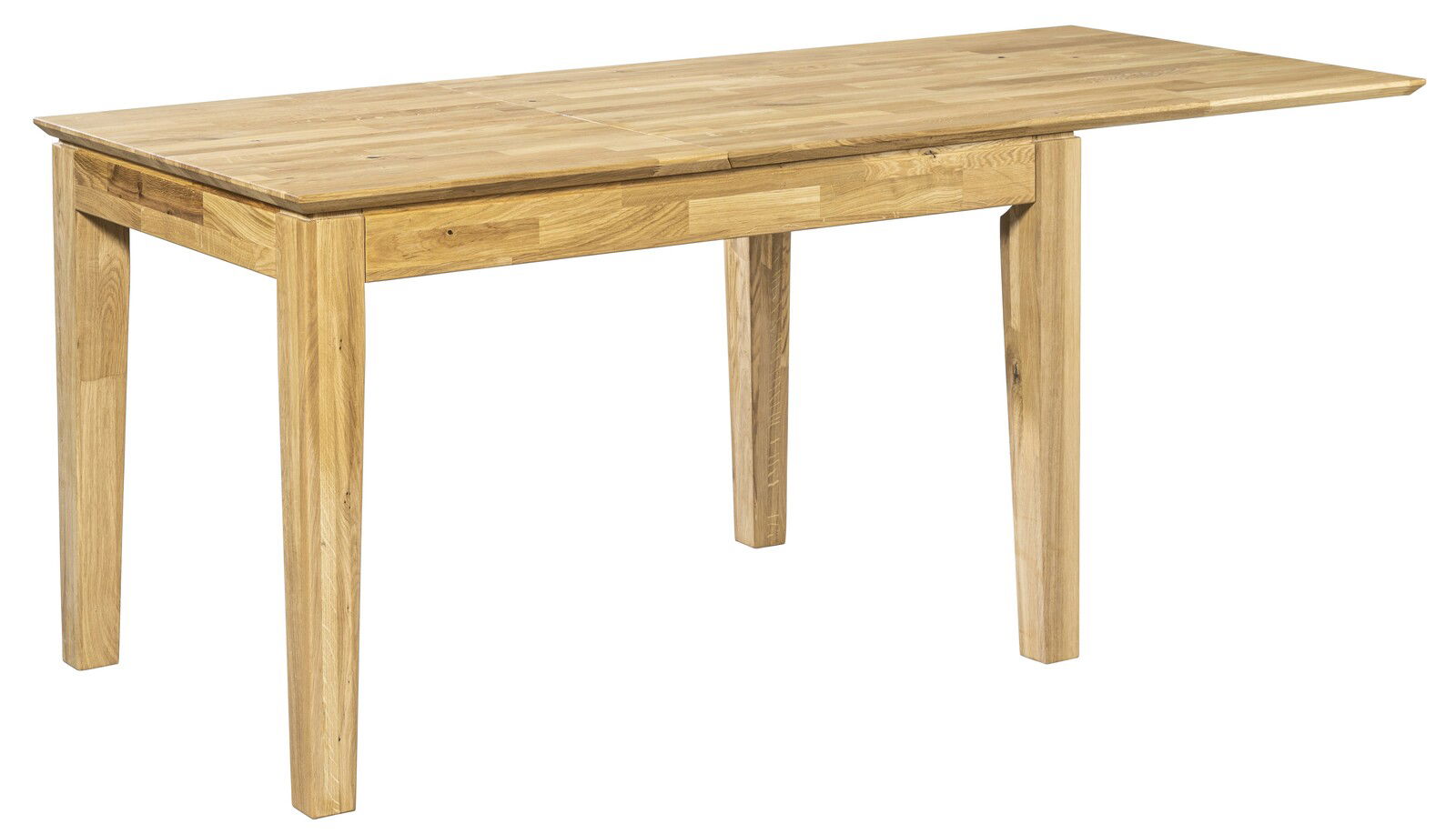 Holzesstisch mit rechteckiger Tischplatte und vier Beinen, seitliche Perspektive