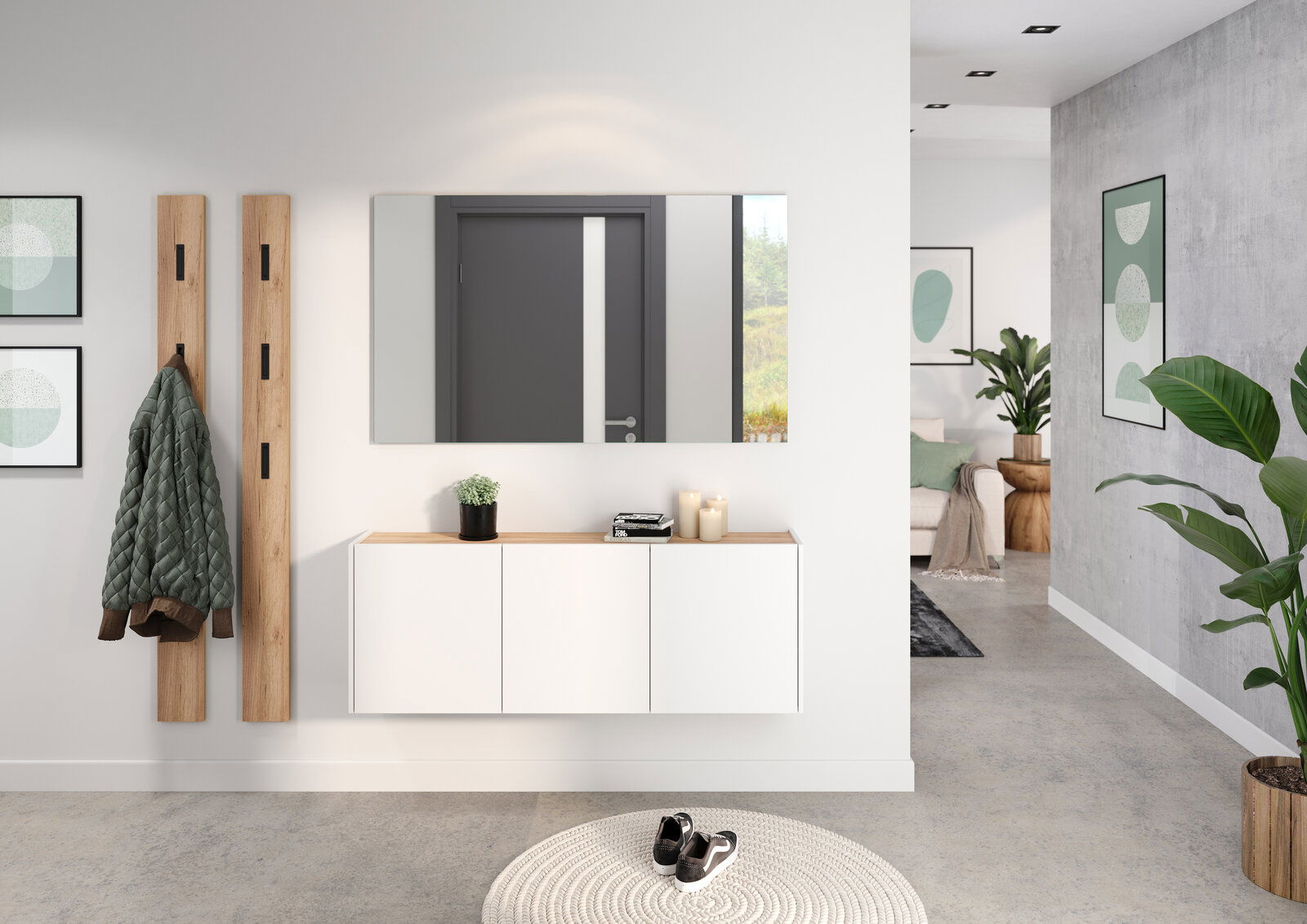 Moderner Flur mit weißem Mehrzweckschrank, Holzdetails, Spiegel und Dekorationen, aus der Perspektive des Eingangsbereichs.