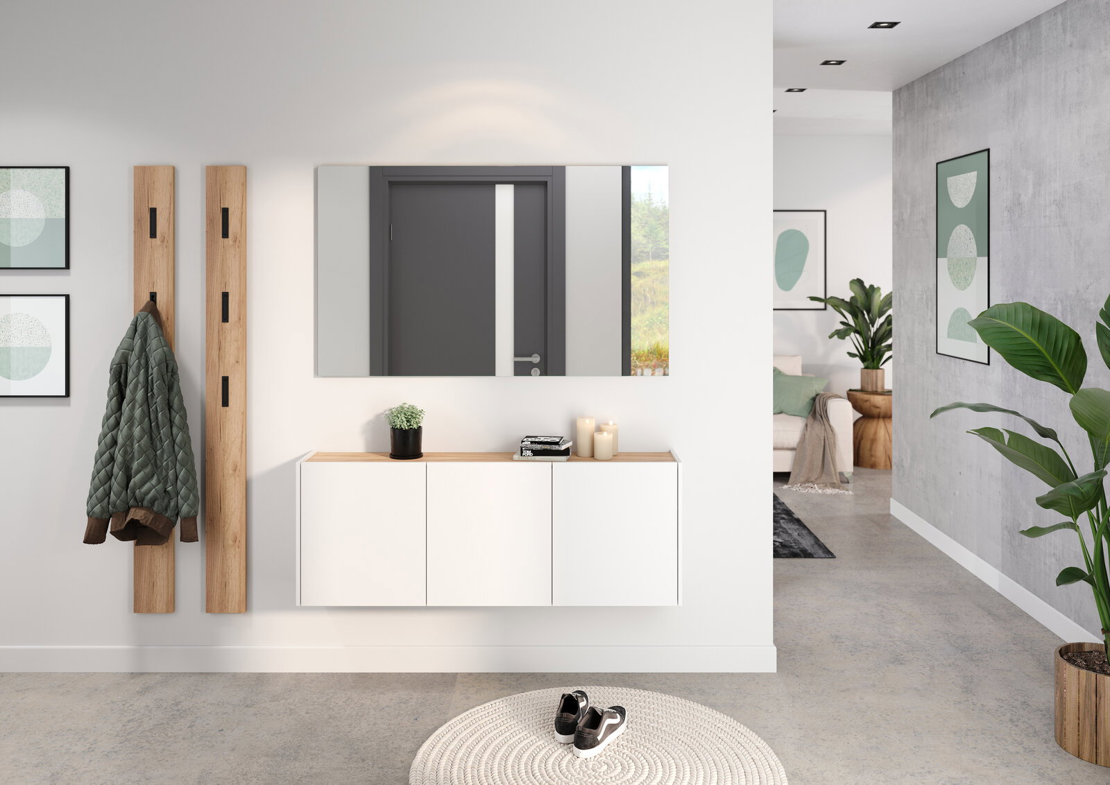 Moderner Flur mit weißem Mehrzweckschrank, Holzdetails, Spiegel und Dekorationen, aus der Perspektive des Eingangsbereichs.