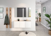 Moderner Flur mit weißem Mehrzweckschrank, Holzdetails, Spiegel und Dekorationen, aus der Perspektive des Eingangsbereichs.