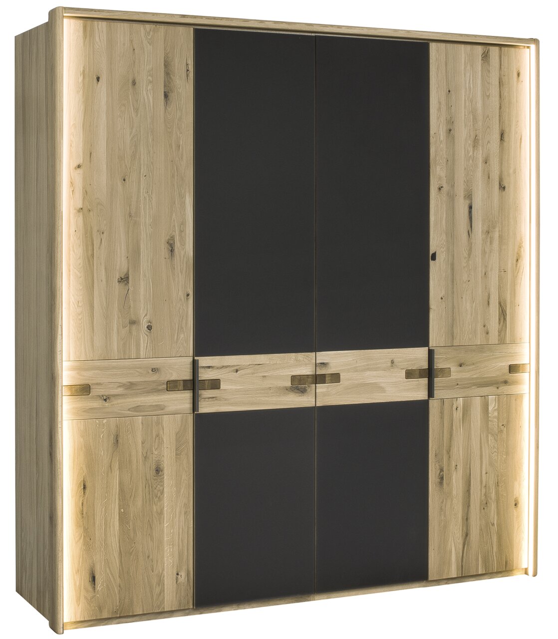 Moderner Kleiderschrank aus Holz mit schwarzen Türen, frontal betrachtet.