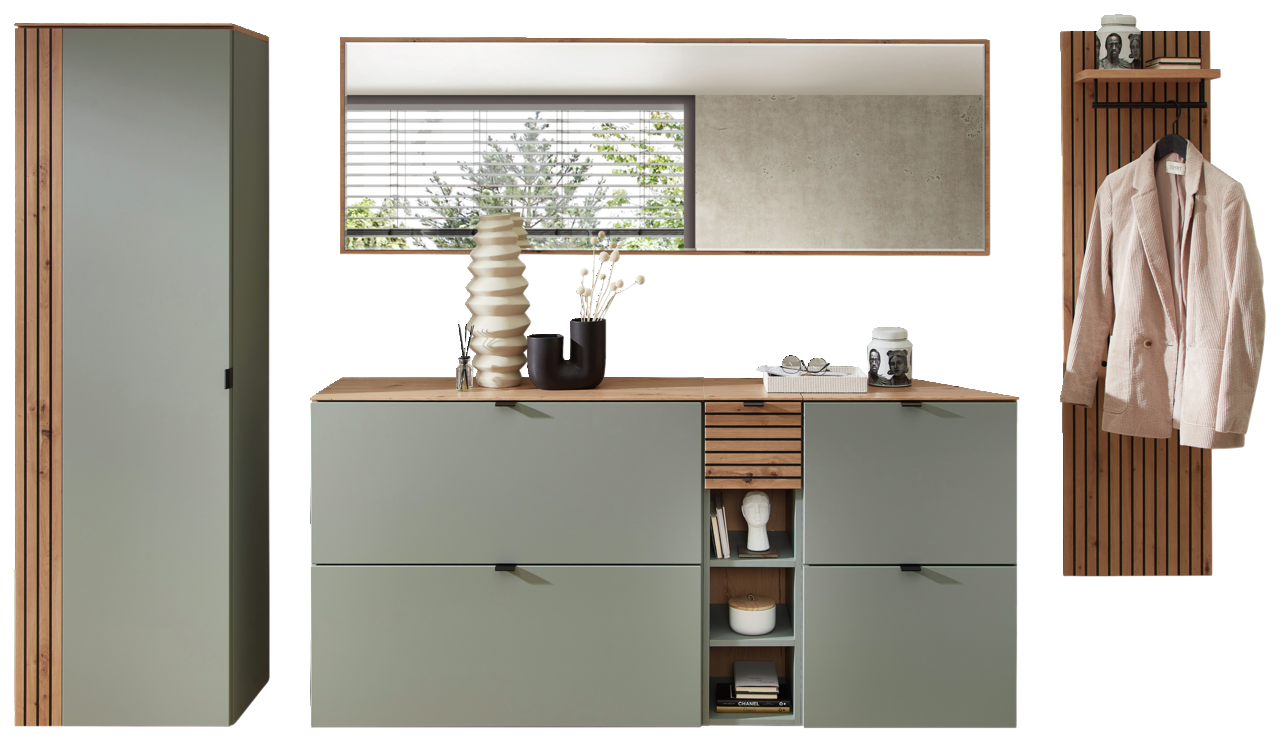 Voleo Garderoben-Set DIANA Garderoben-Set Schilf in modernem Design mit grünlichen Fronten und Holzelementen, bestehend aus einem hohen Schrank, einer Kommode mit Spiegel und einer Wandgarderobe. Frontalansicht.