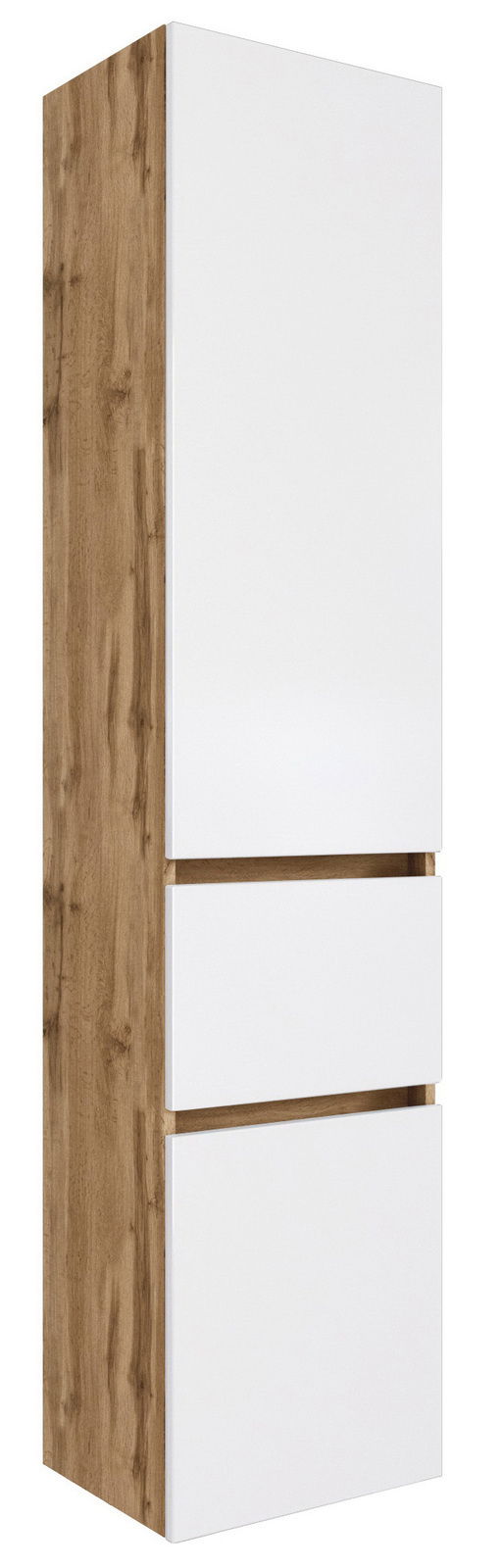 XORA Hochschrank LUCCA Moderner Hochschrank mit weißer Front und Holzseiten, seitliche Perspektive