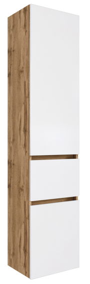 Moderner Hochschrank mit weißer Front und Holzseiten, seitliche Perspektive