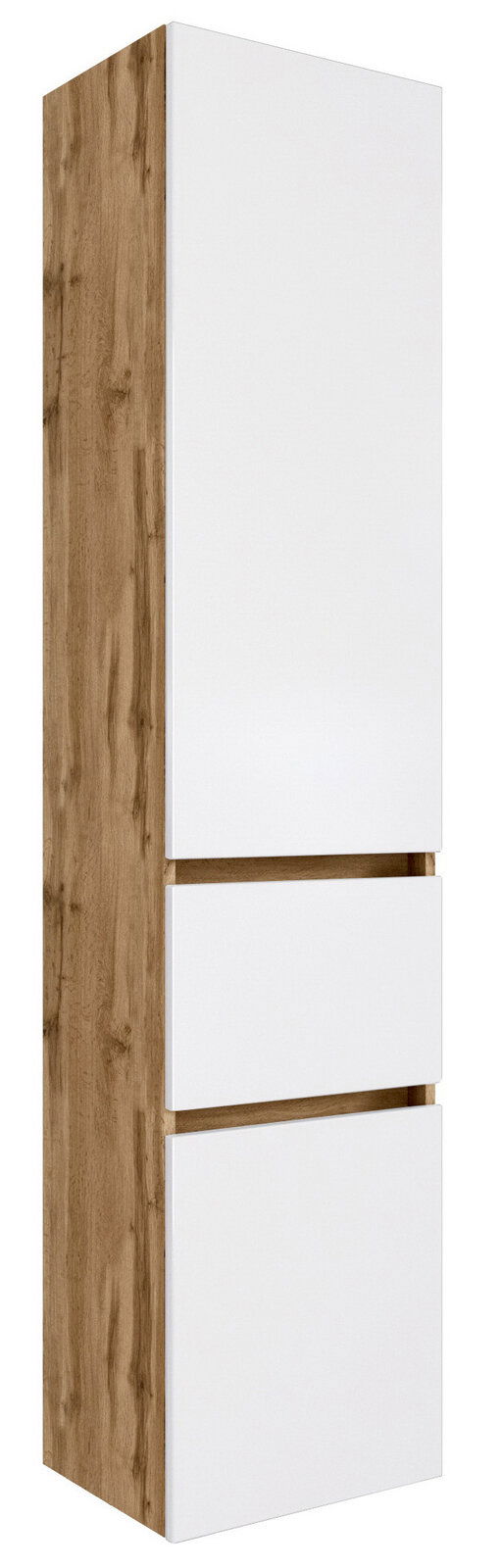 Moderner Hochschrank mit weißer Front und Holzseiten, seitliche Perspektive