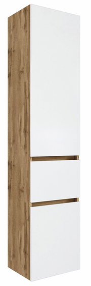 Moderner Hochschrank mit weißer Front und Holzseiten, seitliche Perspektive