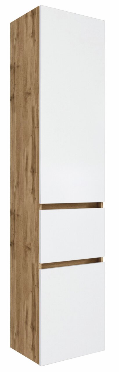 Moderner Hochschrank mit weißer Front und Holzseiten, seitliche Perspektive