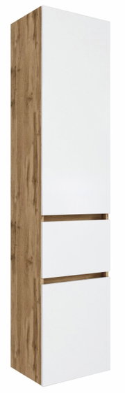 Moderner Hochschrank mit weißer Front und Holzseiten, seitliche Perspektive