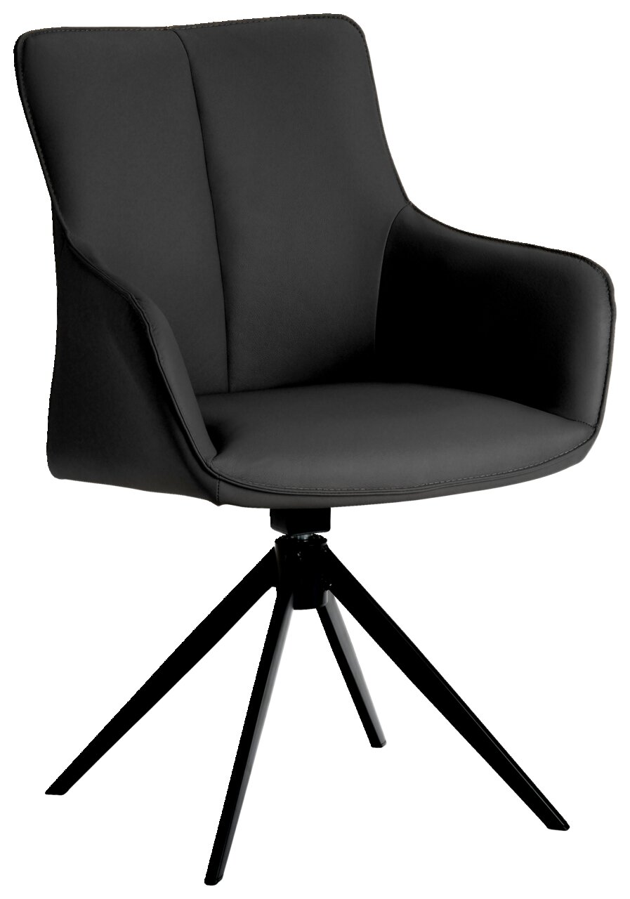 Moderner schwarzer Armlehnstuhl mit vierbeinigem Metallgestell, seitliche Perspektive