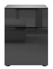 Moderne Nachtkommode in schwarzem Hochglanz mit zwei Schubladen, Frontalansicht