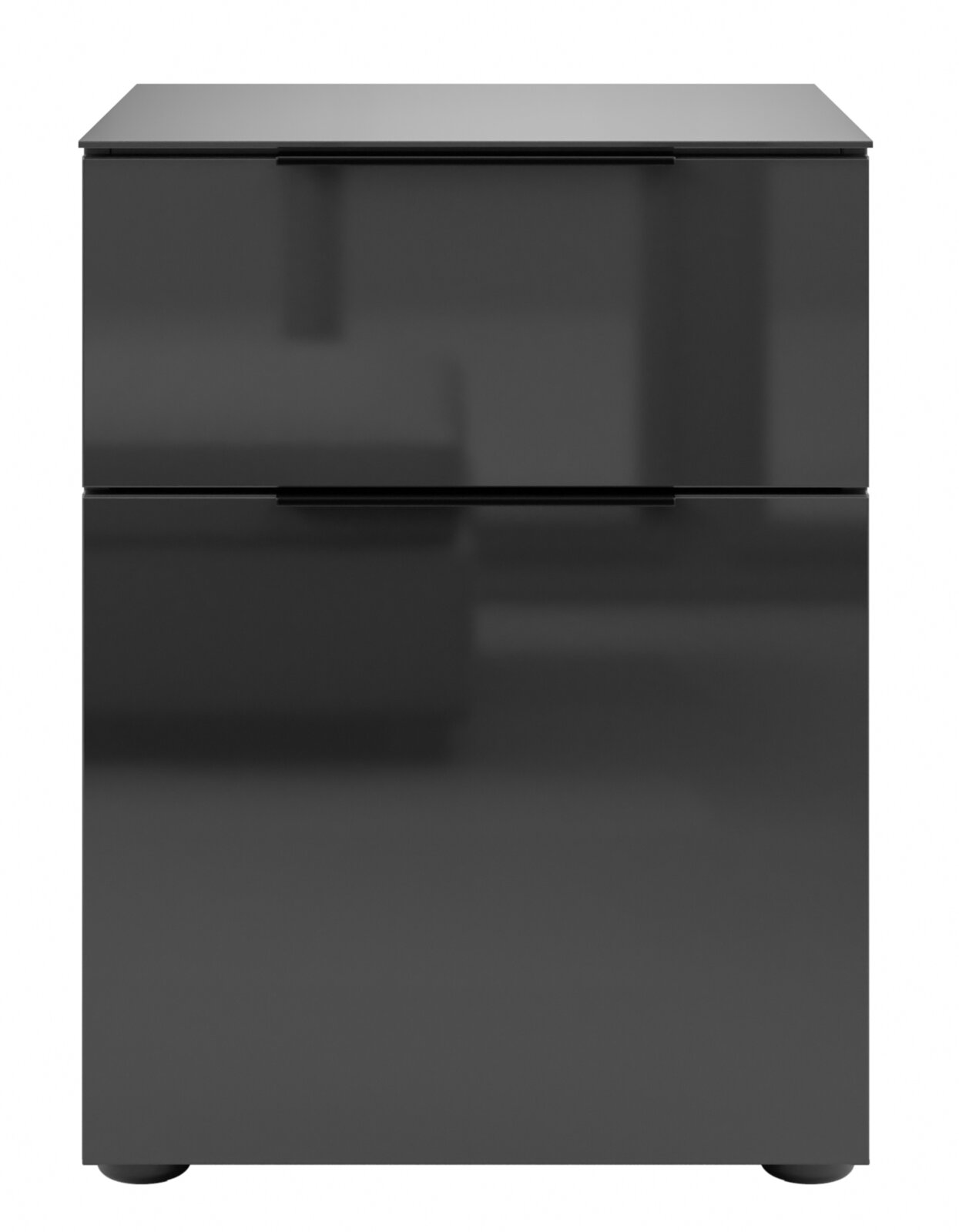 Moderne Nachtkommode in schwarzem Hochglanz mit zwei Schubladen, Frontalansicht