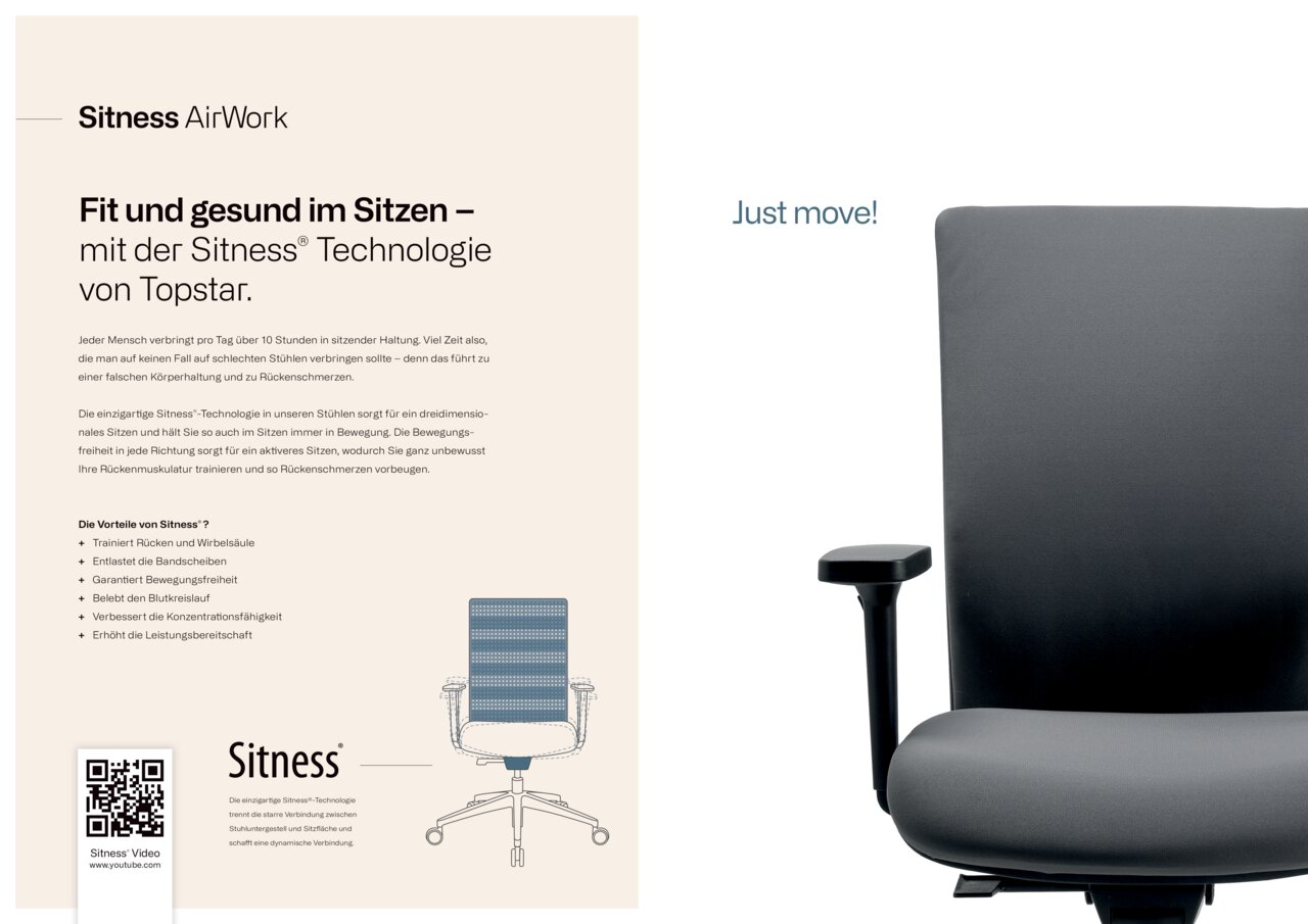 Bürostuhl Topstar SITNESS AIRWORK G, seitliche Perspektive, ergonomisches Design mit Armlehne