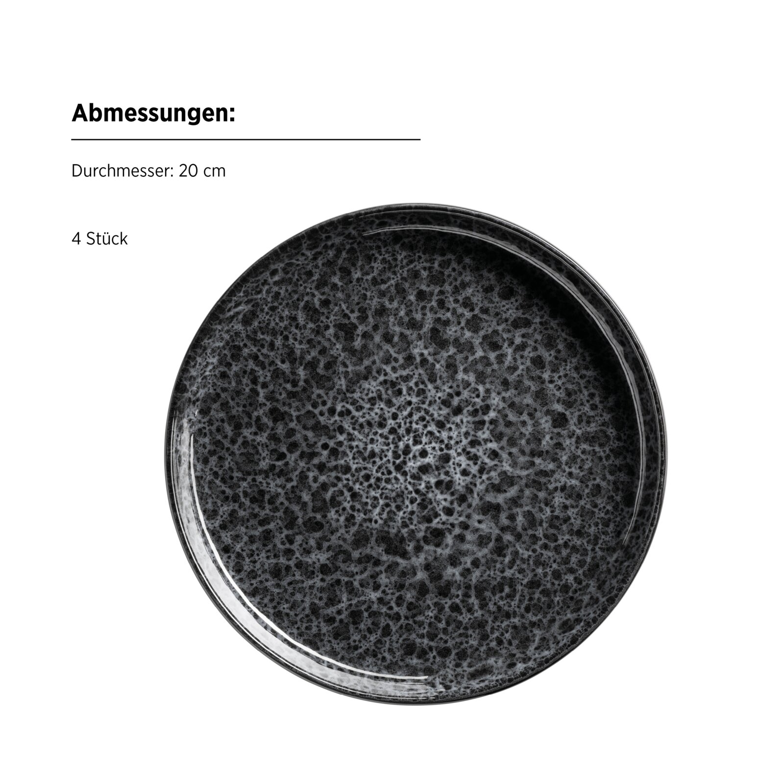 Runder, dunkelgrau marmorierter Teller mit glänzendem Rand, Durchmesser 20 cm, im 4er-Set, Draufsicht (Top-Down) auf weißem Hintergrund.